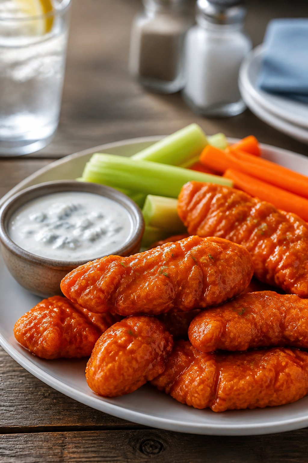 Plate of buffalo ranch chicken tenders with a bowl of blue cheese dip and fresh celery and carrot sticks on a wooden table.