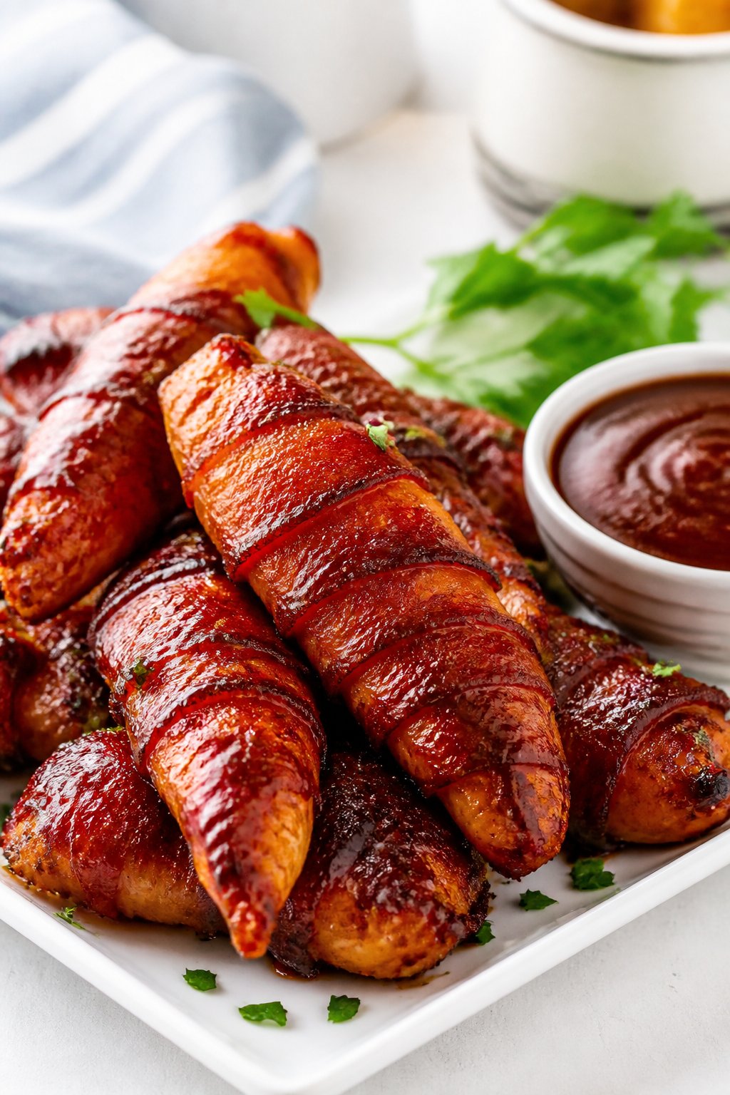 A plate of BBQ bacon-wrapped chicken tenders with barbecue sauce and fresh herbs on a kitchen table.