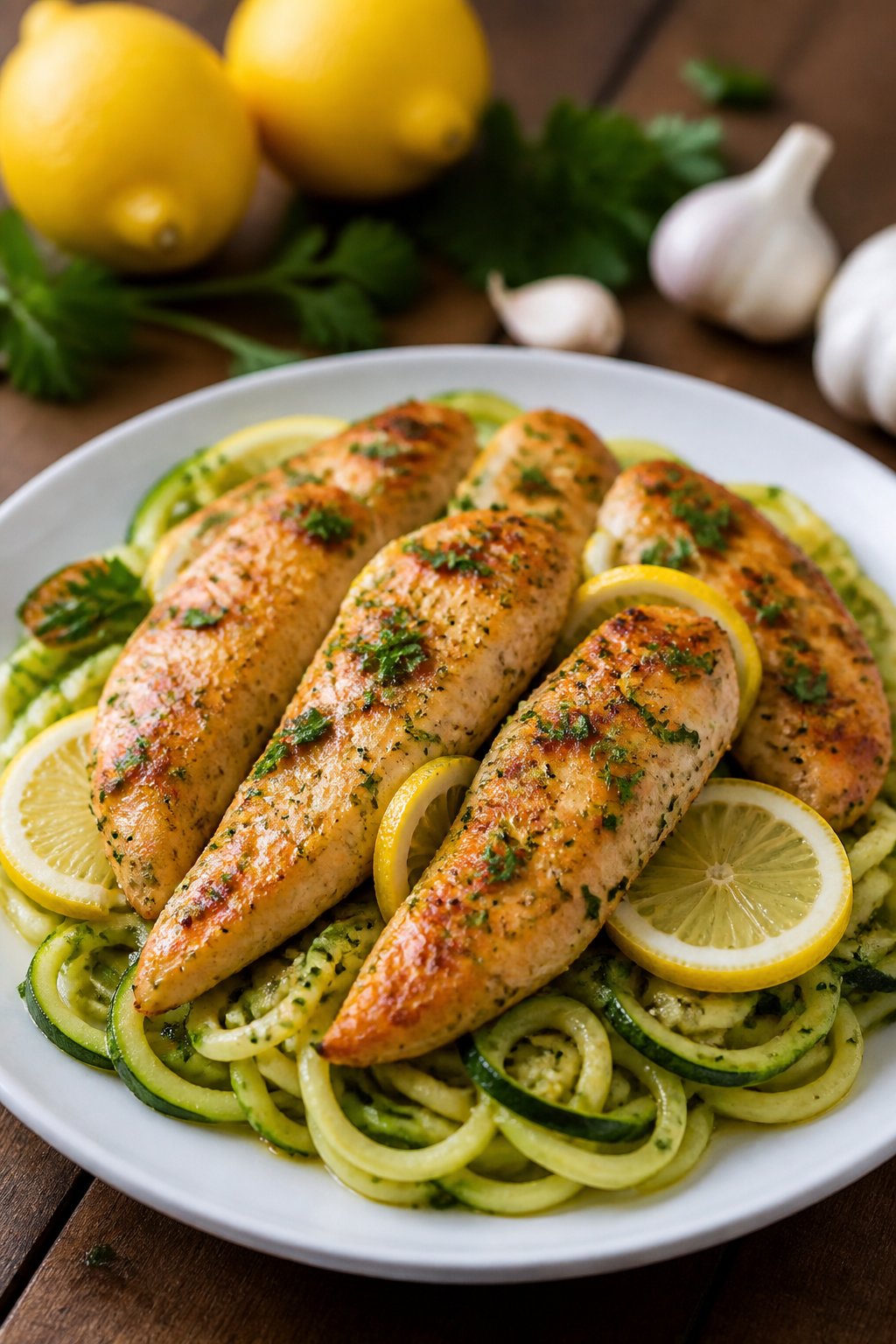 A plate of lemon-garlic chicken tenders served on zucchini noodles with lemon slices and herbs on a wooden table.