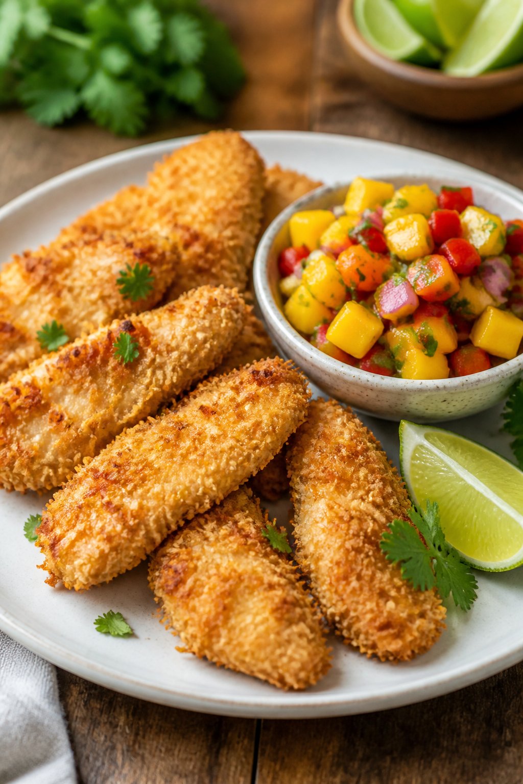 Plate of coconut-crusted chicken tenders served with a side of mango salsa and lime wedges on a wooden table.