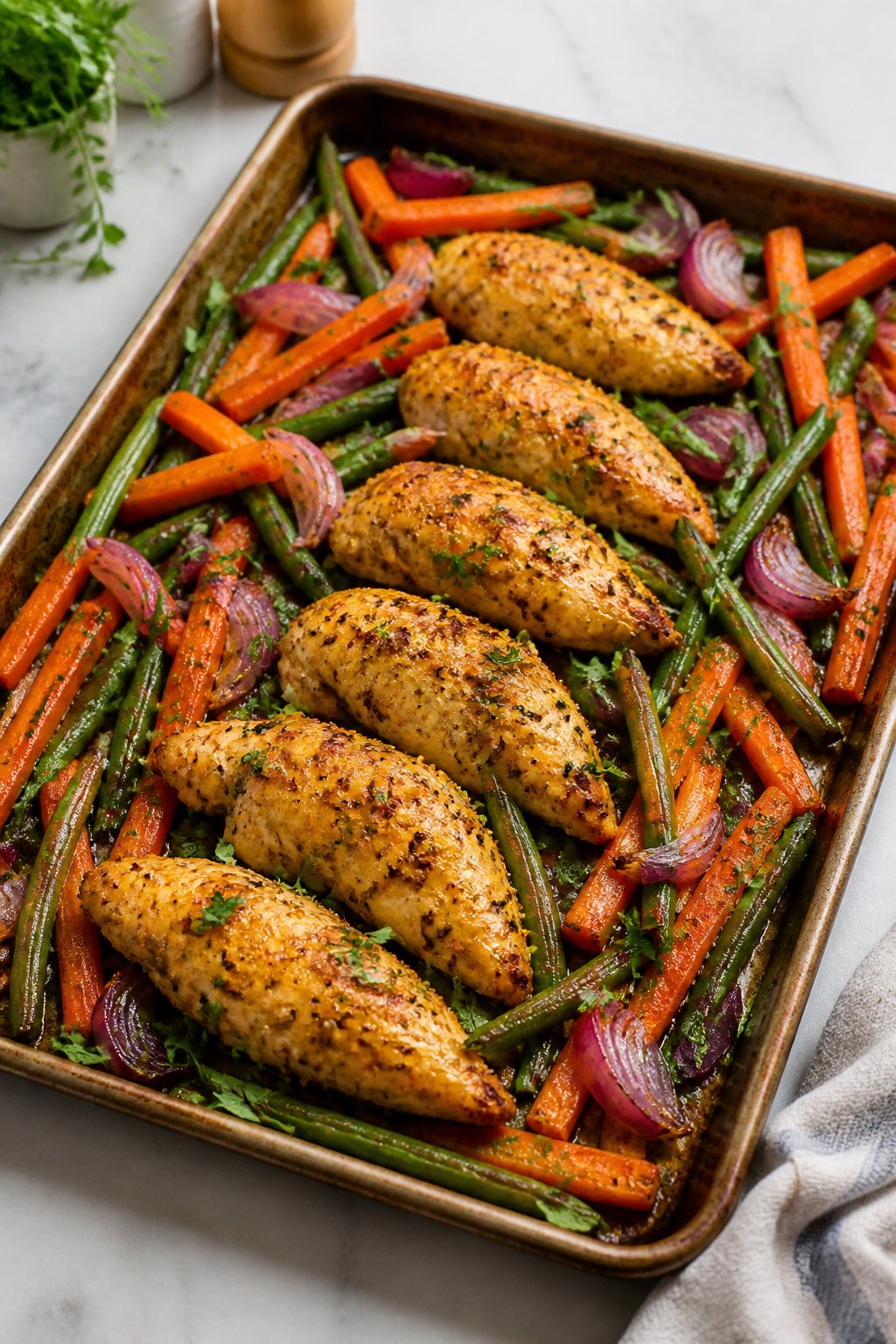 Sheet pan with golden chicken tenders and roasted vegetables on a kitchen countertop.