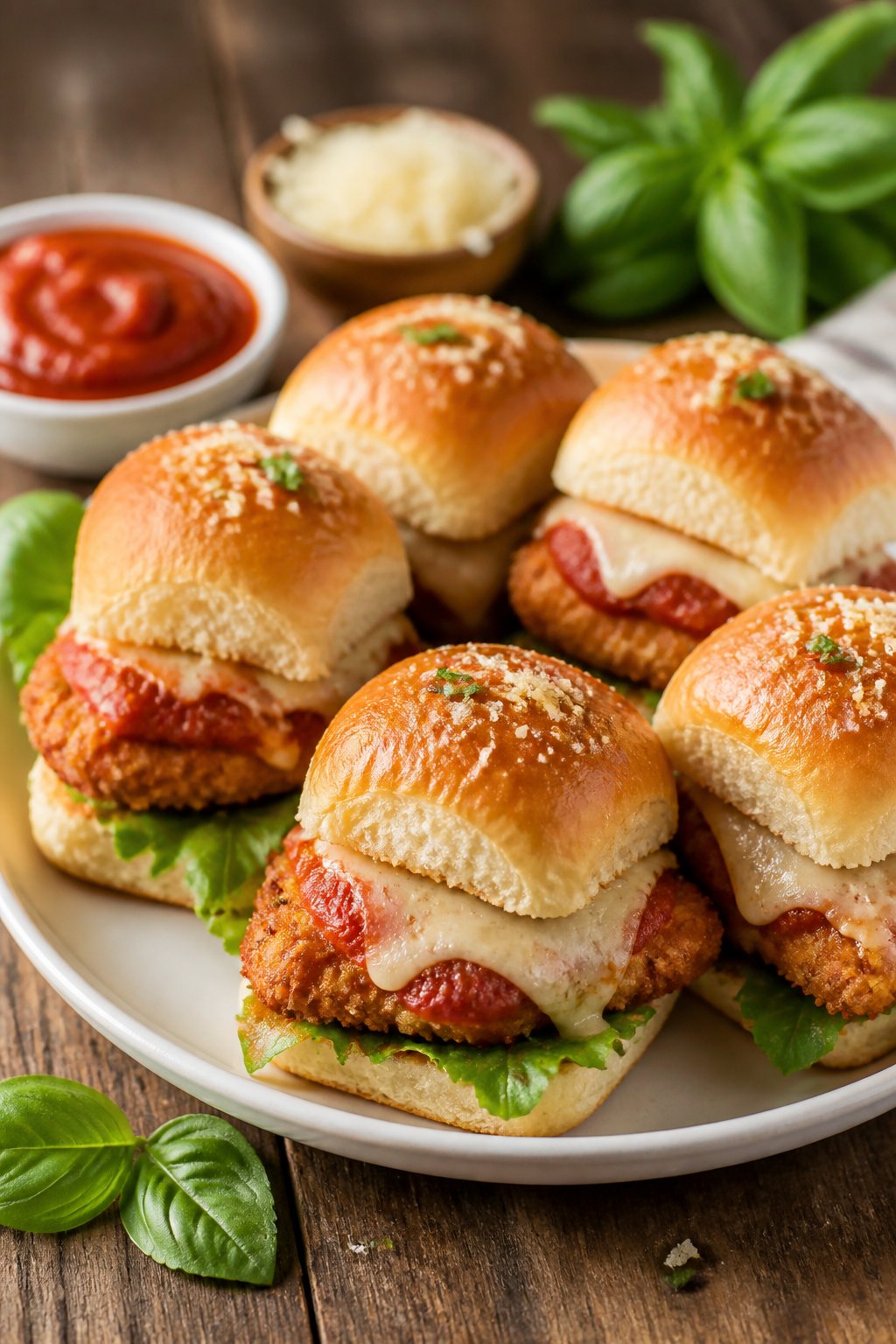 A plate of chicken tender parmesan sliders with melted cheese and marinara sauce on slider buns, garnished with lettuce and basil on a wooden table.