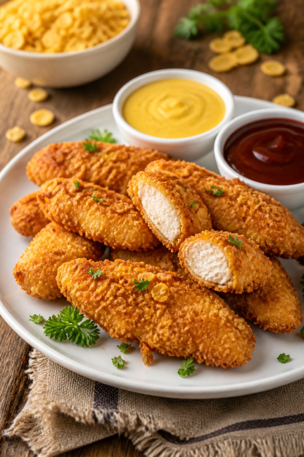 A plate of crispy cornflake chicken tenders with dipping sauces on a wooden table.