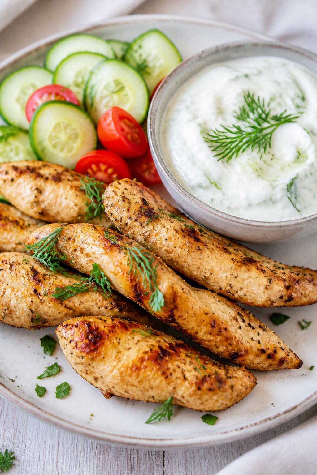 A plate of golden-brown chicken tenders with a bowl of creamy tzatziki sauce and fresh vegetable garnishes on a wooden table.