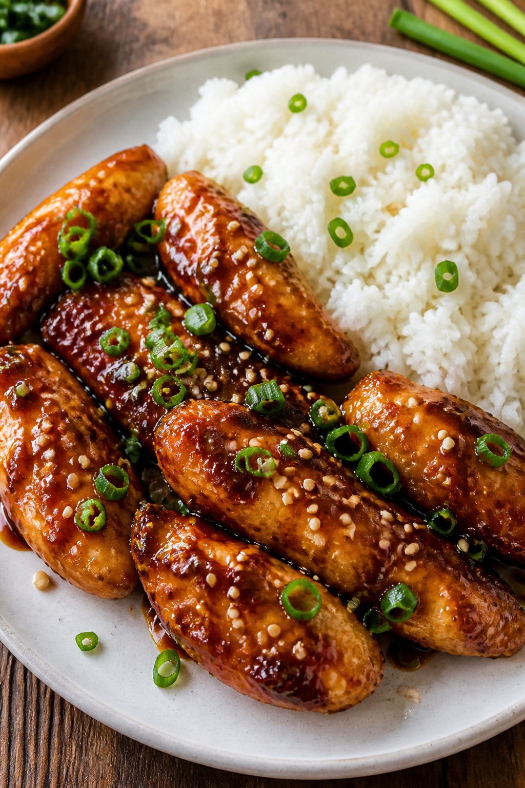 A plate of teriyaki sesame chicken tenders served with white rice on a wooden table.