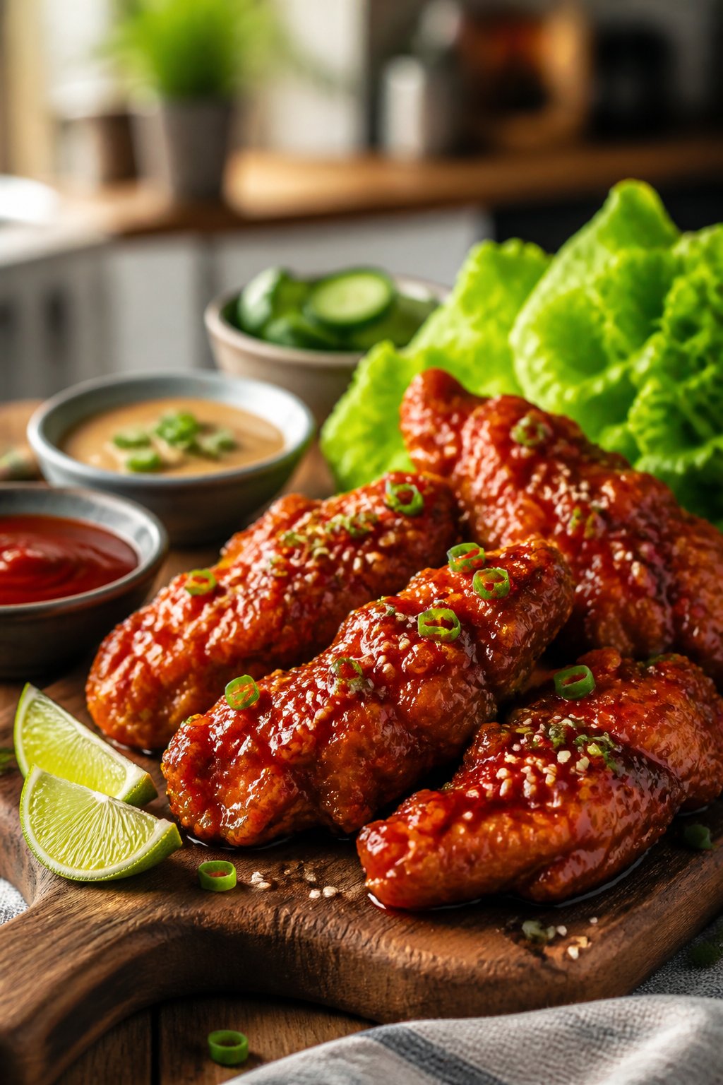 Close-up of Korean Gochujang Chicken Tenders on a wooden board with sesame seeds and green onions, accompanied by dipping sauces and lime wedges.
