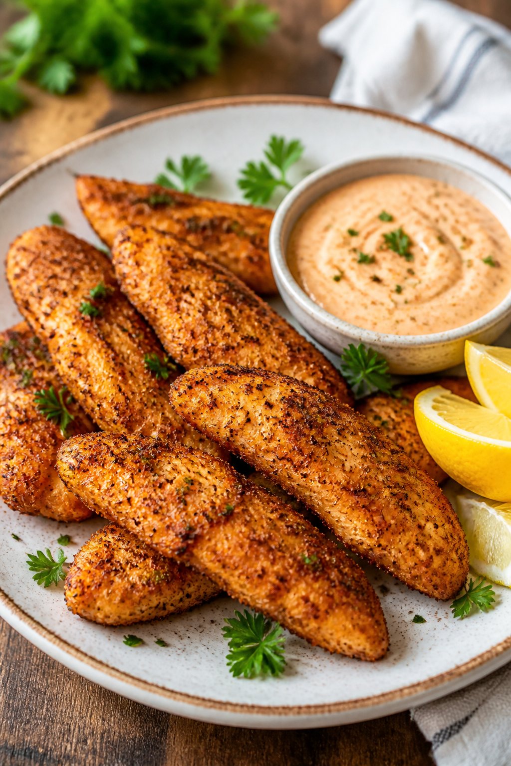 A plate of Cajun-spiced chicken tenders with a bowl of remoulade sauce and lemon wedges on a wooden table.