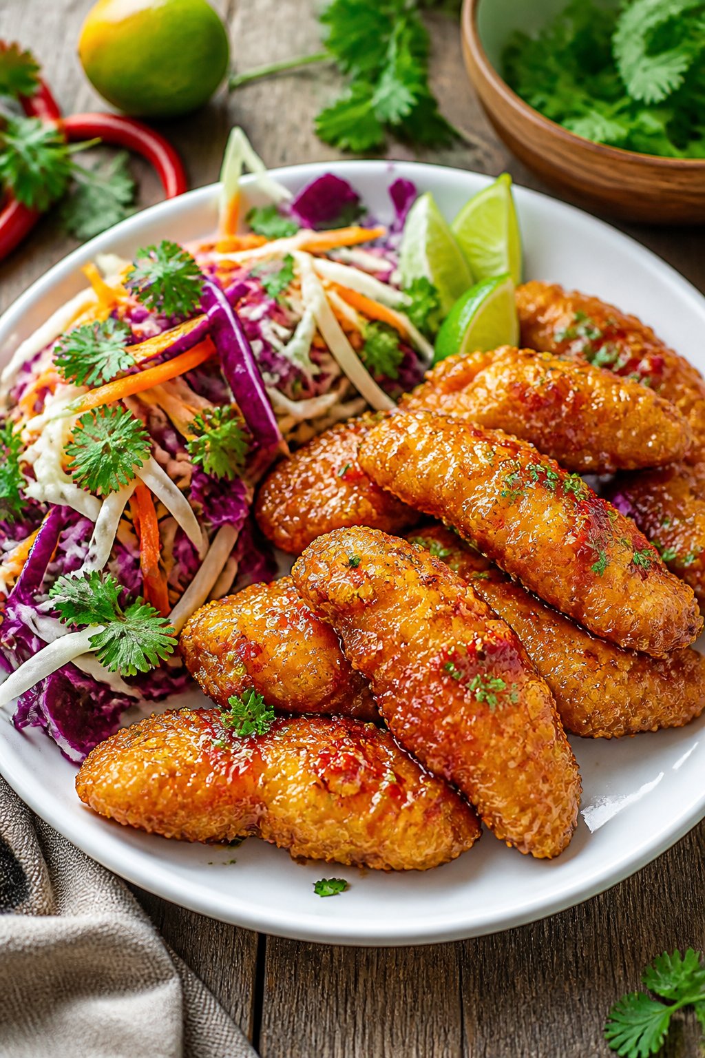 A plate of crispy sweet chili lime chicken tenders served with fresh colorful slaw on a wooden table.