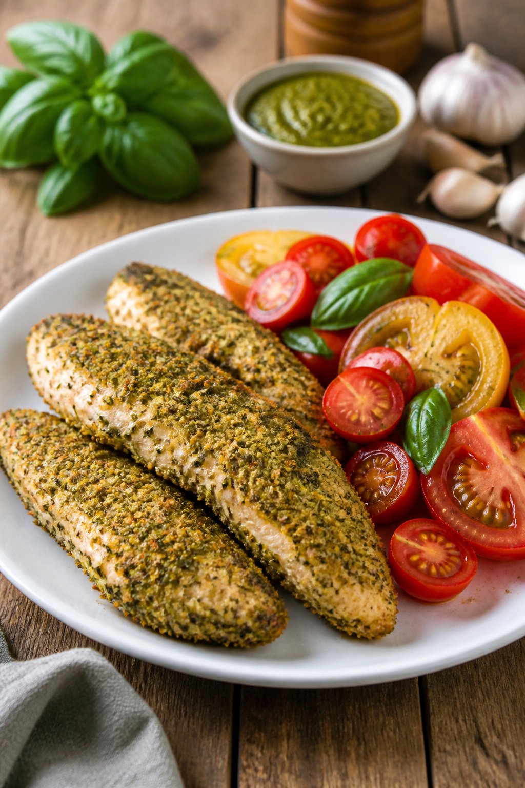 Plate of pesto-crusted chicken tenders served with a fresh tomato salad on a wooden table.