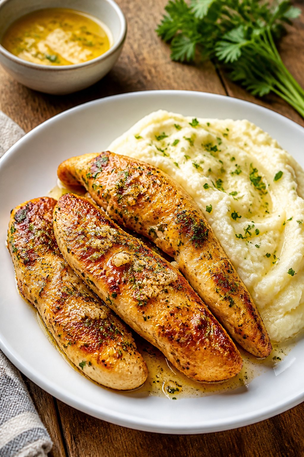 Plate of garlic-butter chicken tenders served with mashed potatoes garnished with parsley on a wooden table.
