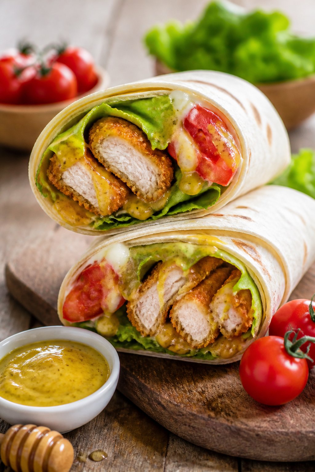 A honey-mustard chicken tenders wrap cut in half showing chicken tenders, lettuce, and tomatoes on a wooden table with small bowls of sauce nearby.