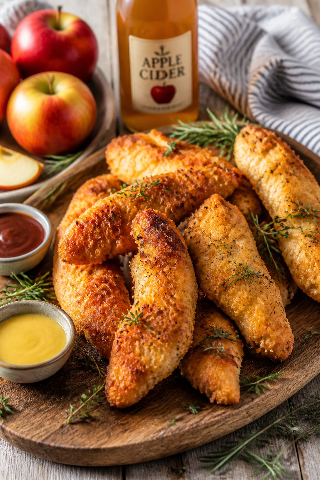 Close-up of crispy apple-cider brined chicken tenders on a wooden board with dipping sauces and fresh apples in the background.