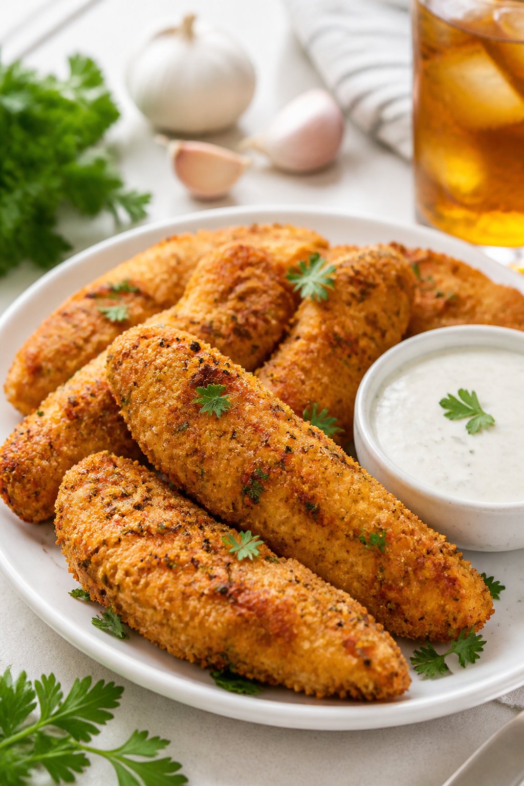 Plate of crispy air fryer chicken tenders with ranch dipping sauce and fresh parsley on a kitchen table.