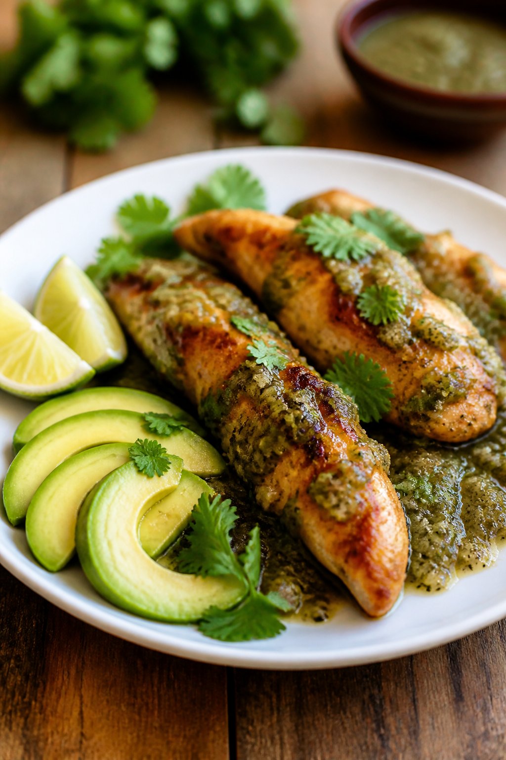 A plate of crispy chicken tenders topped with green salsa verde sauce, served with sliced avocado and garnished with cilantro and lime wedges on a wooden table.