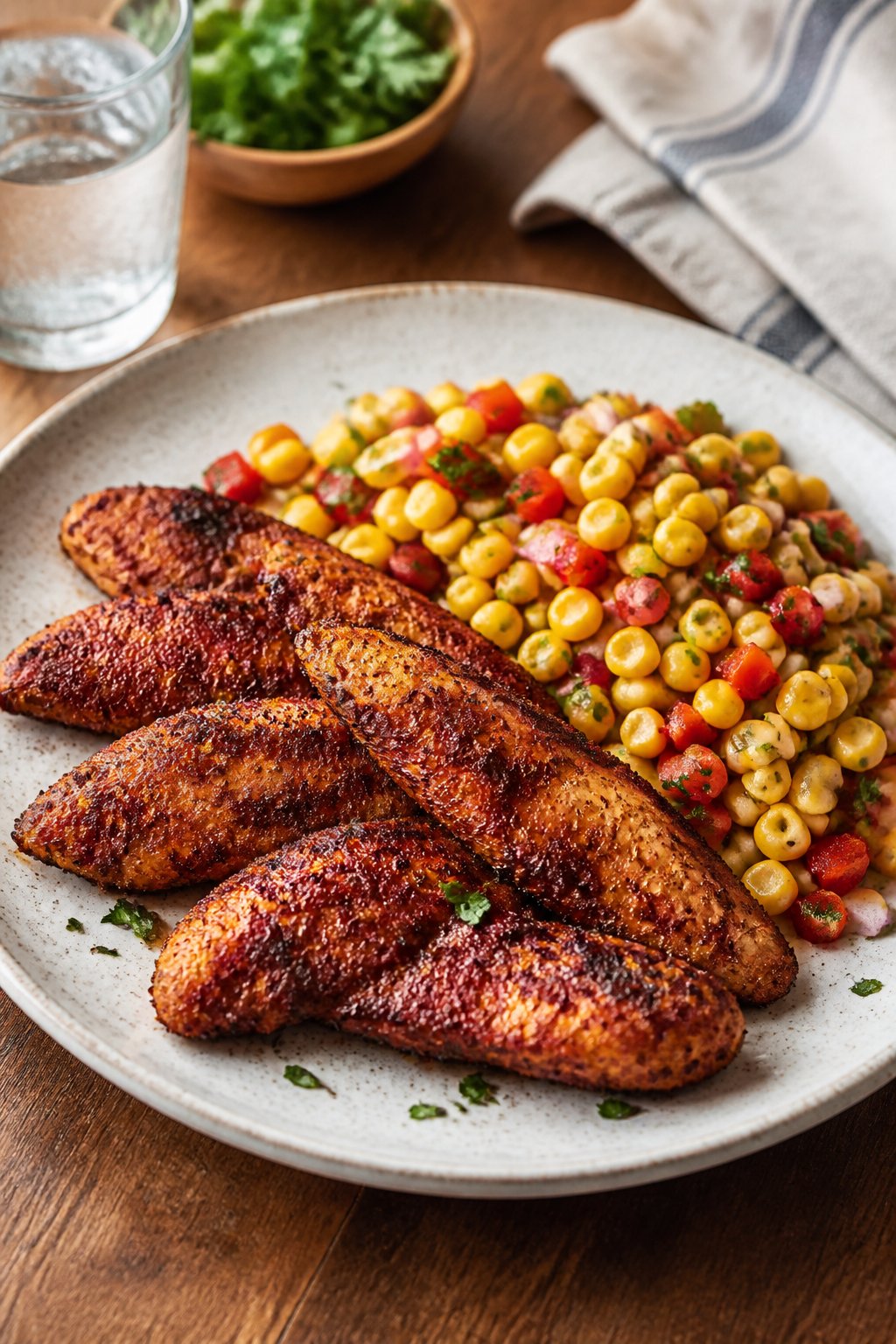A plate of smoky paprika chicken tenders served with a fresh corn salad on a wooden table.