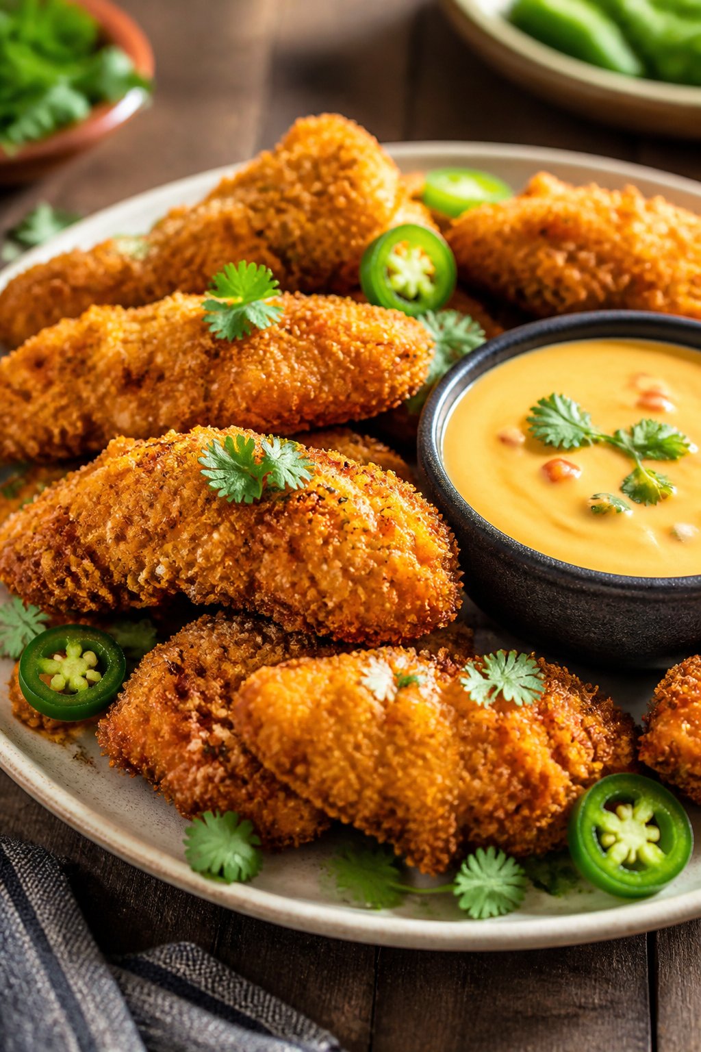 A plate of crispy nacho-style chicken tenders with a bowl of melted queso cheese on a wooden table.