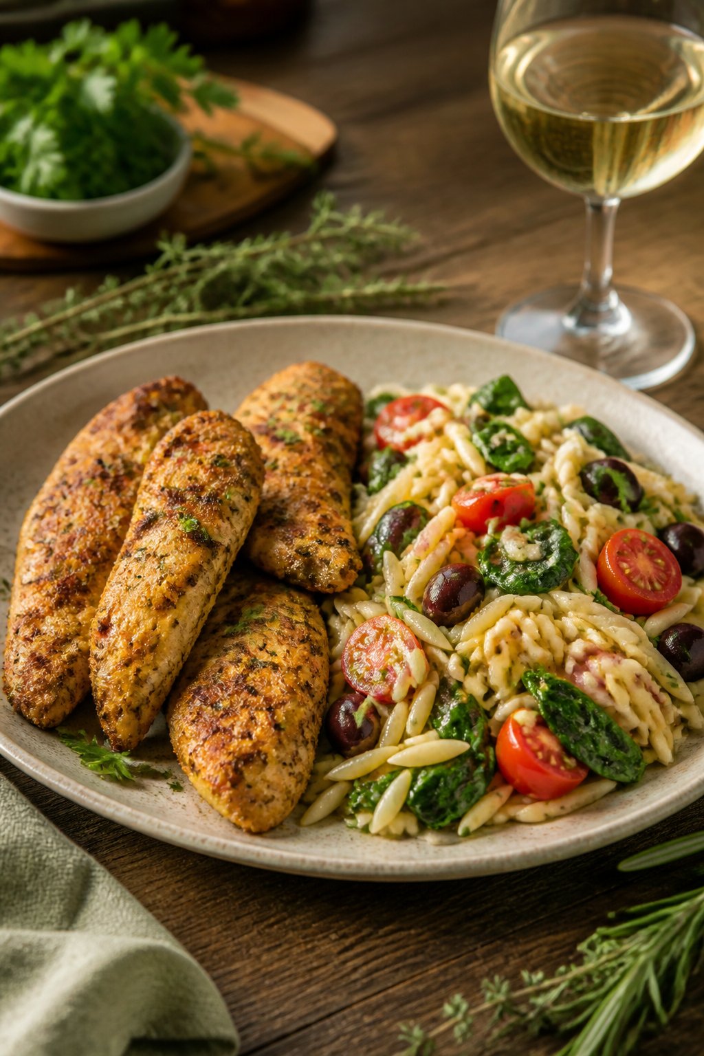 A plate of Italian herb chicken tenders served with orzo pasta salad on a wooden table.