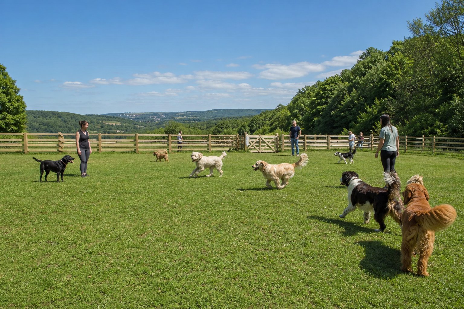 A secure dog field with dogs playing on grass, fenced in with wooden barriers, under a clear sky with trees in the background.
