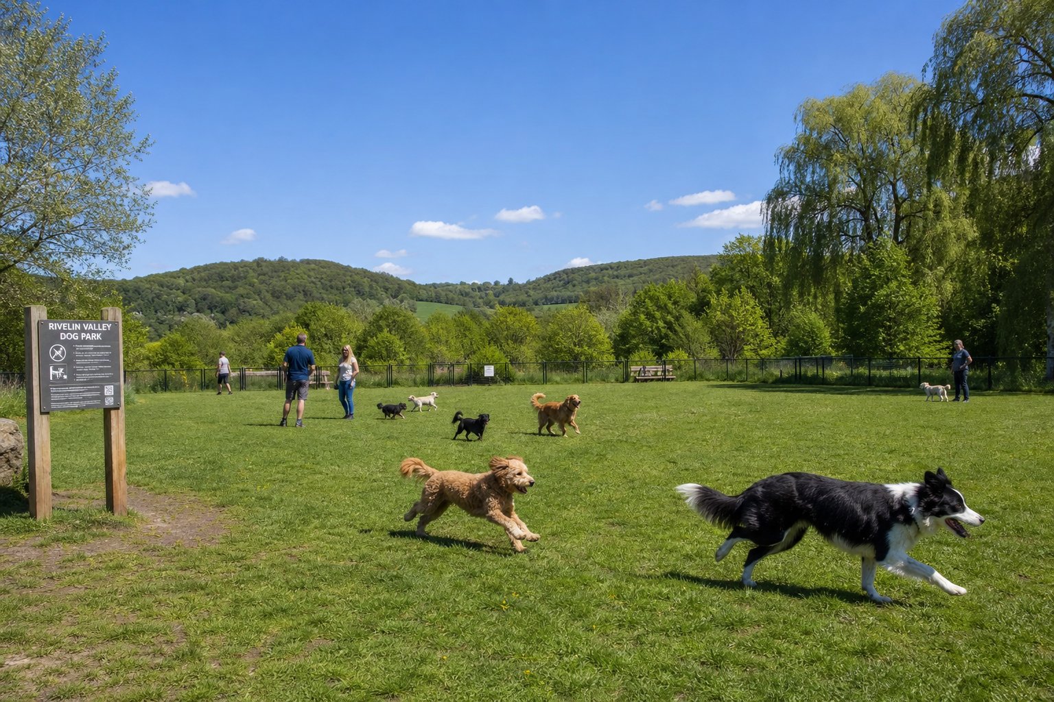 A fenced dog park in a green valley with dogs playing and people watching, surrounded by trees and hills.