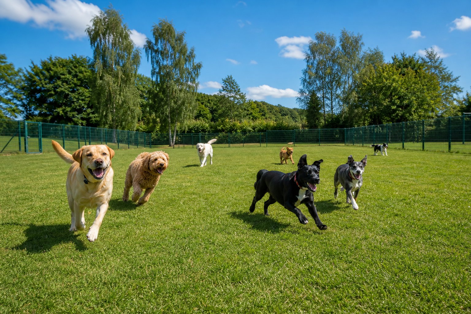 A fenced grassy dog field with several dogs playing and trees in the background under a clear sky.