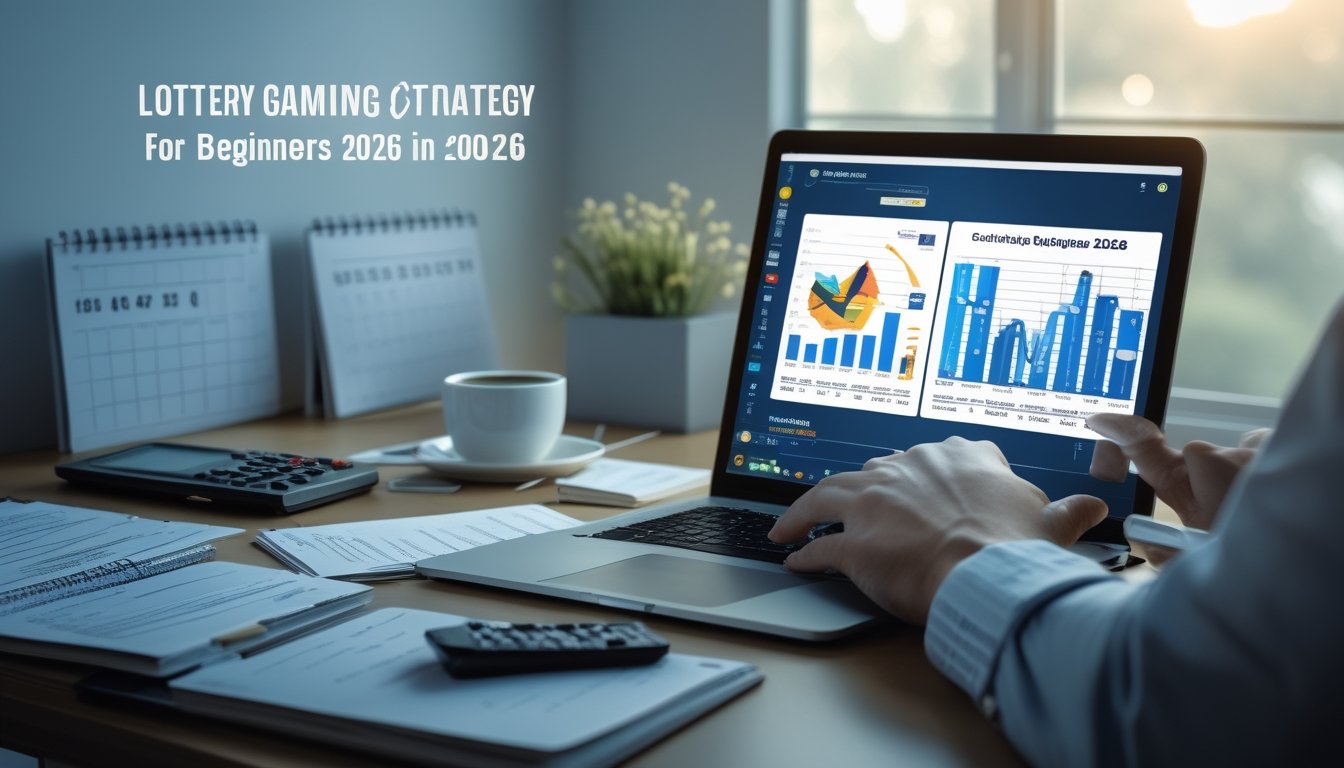 Seseorang sedang menggunakan laptop di meja kerja dengan catatan dan alat tulis, fokus pada analisis strategi permainan togel untuk pemula tahun 2026.