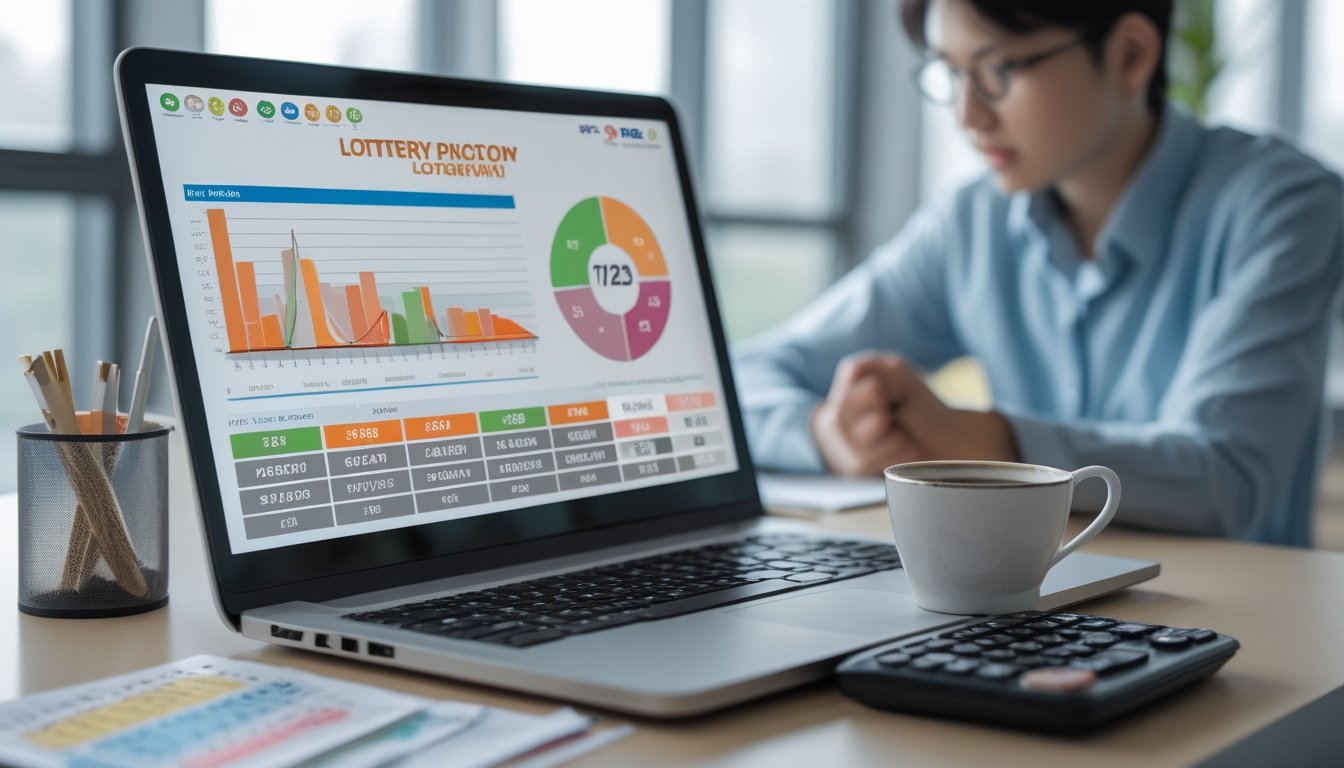 Seorang individu sedang menganalisis data di ruang kerja modern dengan laptop dan layar digital yang menampilkan grafik terkait togel.