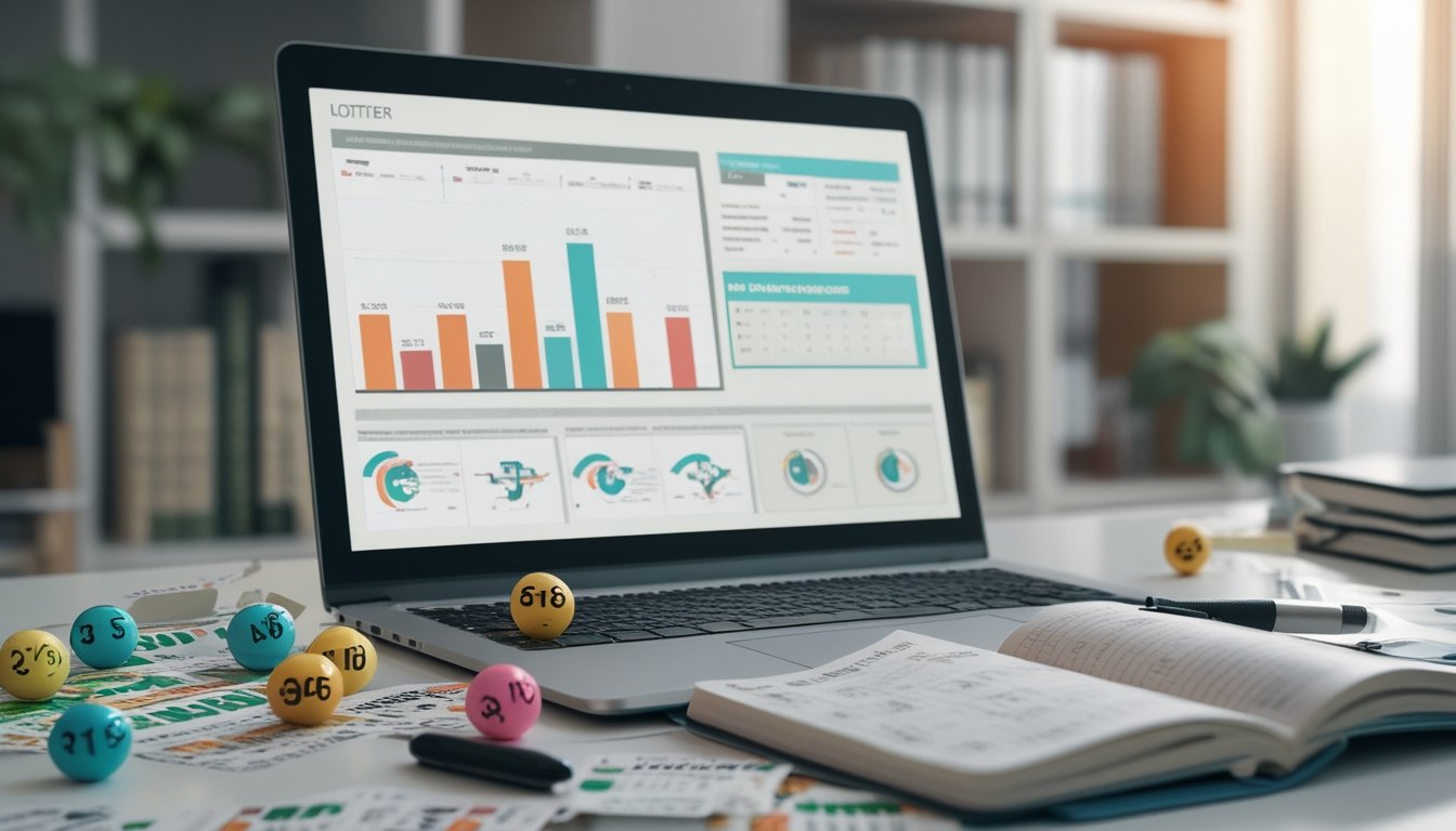Meja kerja modern dengan laptop, tiket togel, bola bernomor warna-warni, dan buku catatan terbuka.