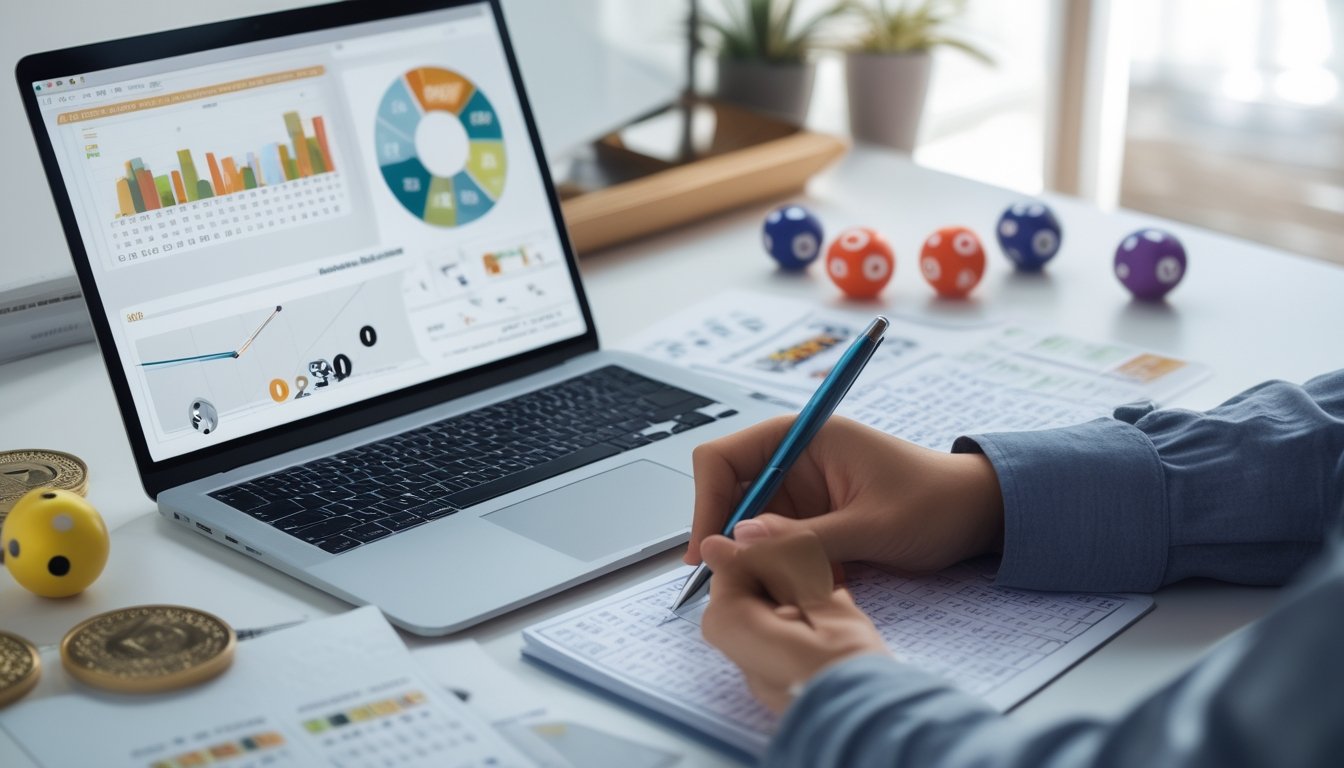Meja kerja dengan laptop, bola togel berwarna-warni, dan tangan yang memegang pena di atas catatan strategi.