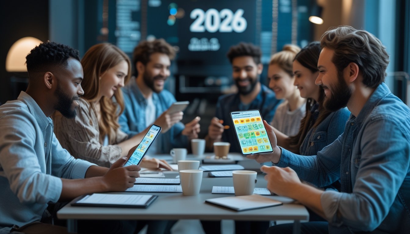 Sekelompok orang bermain togel menggunakan perangkat digital di dalam ruangan yang nyaman.