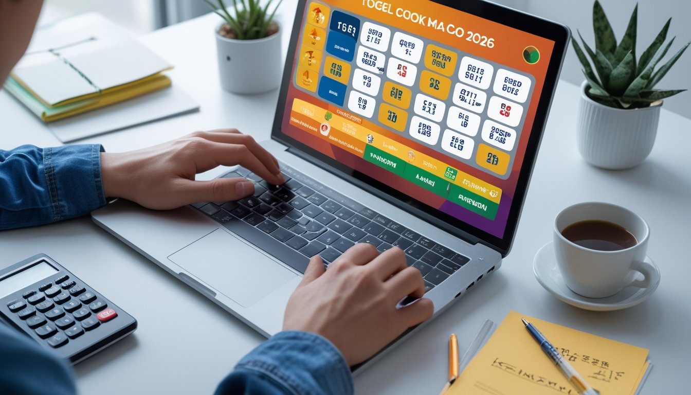 Seseorang sedang menggunakan laptop dengan tampilan permainan togel di meja kerja yang rapi.