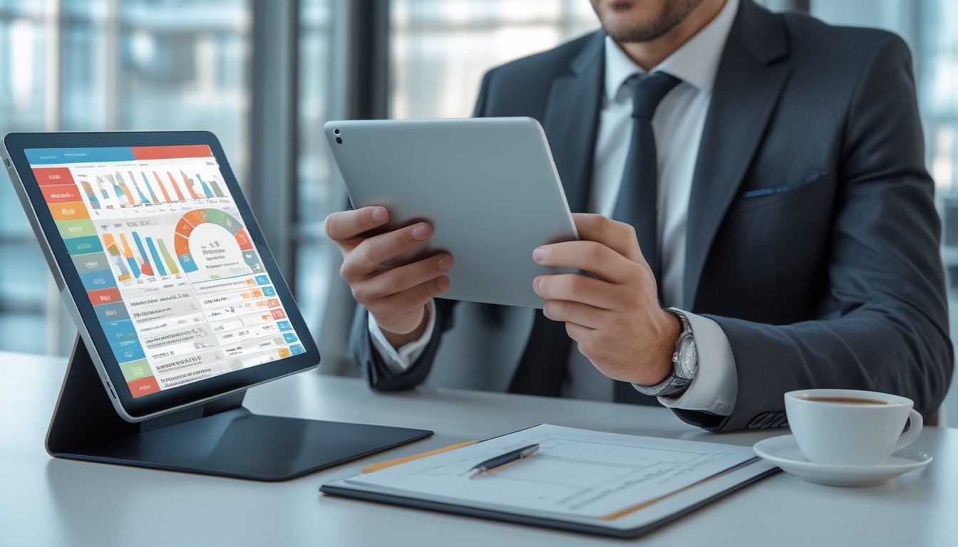 Seorang profesional sedang menganalisis data togel menggunakan tablet dan laptop di kantor modern.