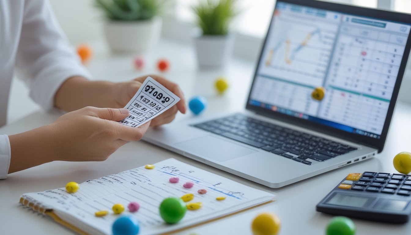 Seseorang memegang tiket togel di depan laptop dengan grafik, dikelilingi bola togel berwarna dan alat tulis di meja kerja.