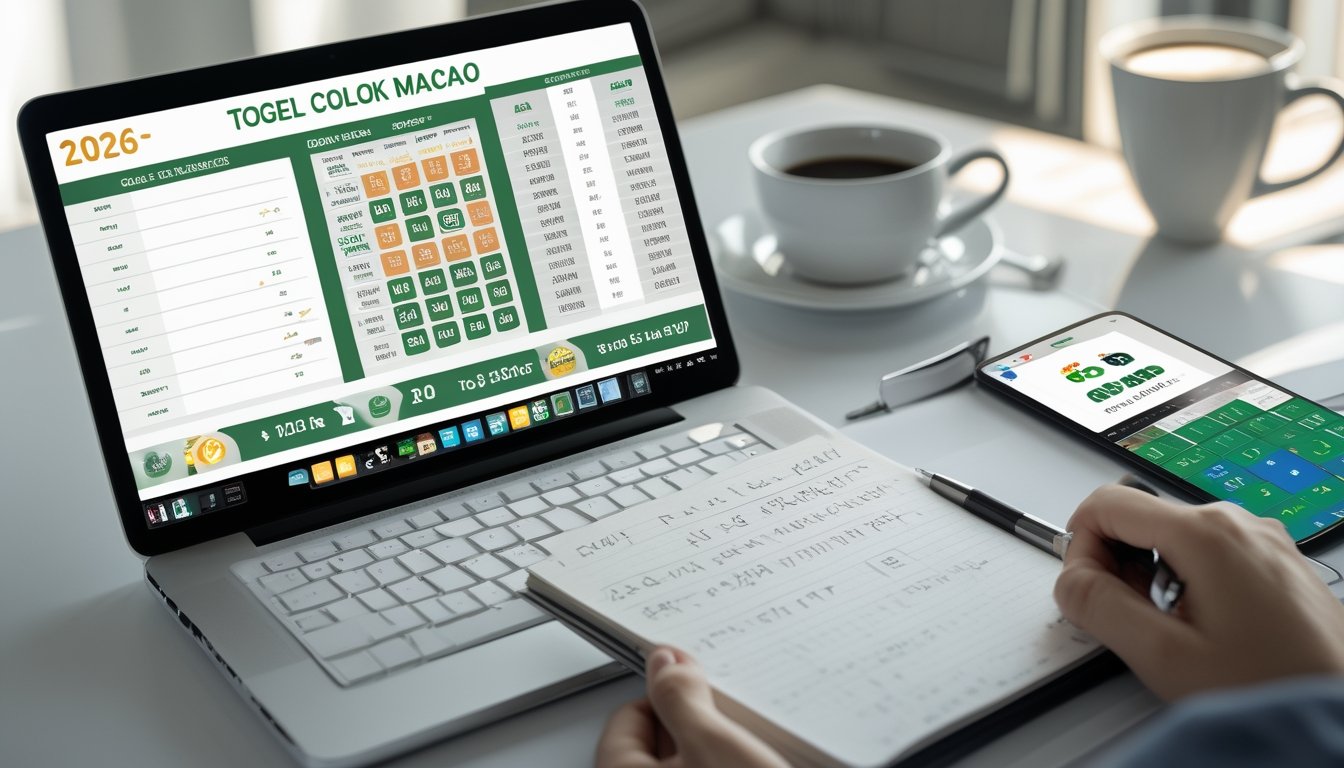 Meja kerja dengan laptop, catatan, dan smartphone yang menampilkan aktivitas strategi bermain togel.