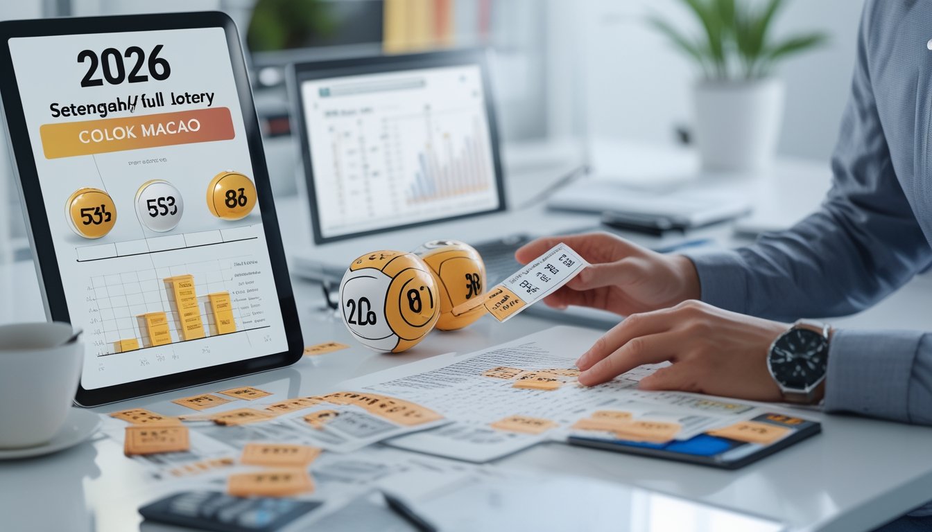 Seseorang sedang menganalisis tiket togel dan grafik statistik di meja kerja yang rapi dengan alat tulis dan perangkat digital.