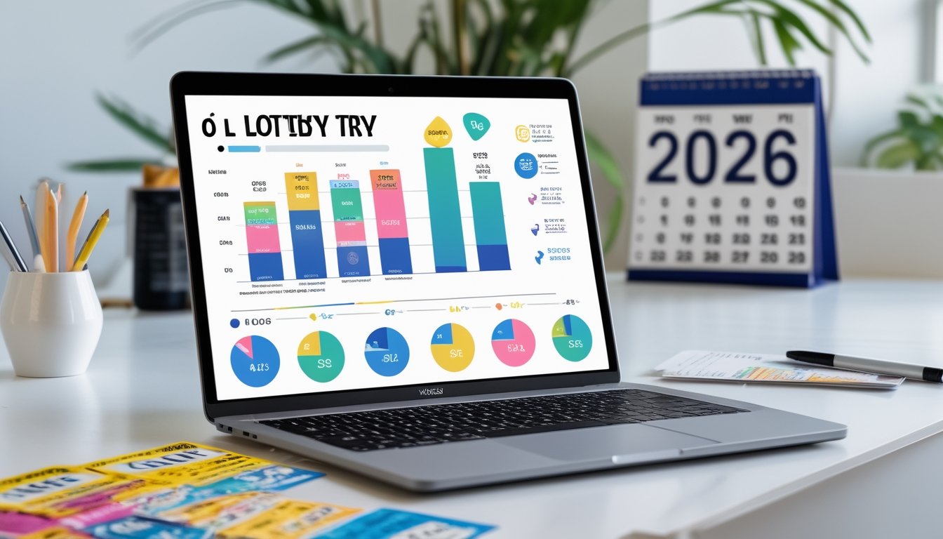 Meja kerja dengan laptop yang menampilkan grafik dan angka lotere, tiket lotere, pena, dan kalender tahun 2026 di latar belakang.