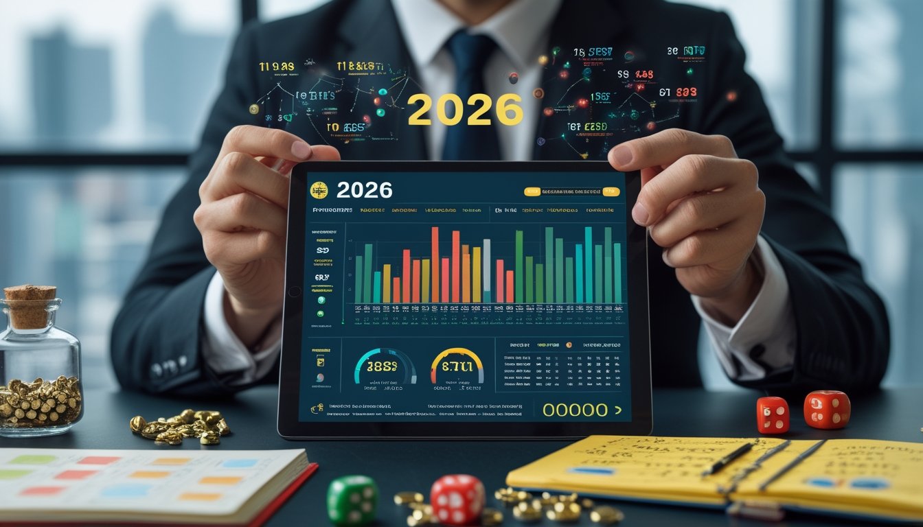 Seseorang sedang menganalisis angka dan grafik pada tablet di ruang kerja modern dengan benda keberuntungan di sekitar.