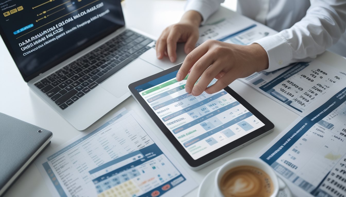 Seseorang sedang menganalisis angka togel di meja kerja dengan tablet dan grafik statistik di laptop.