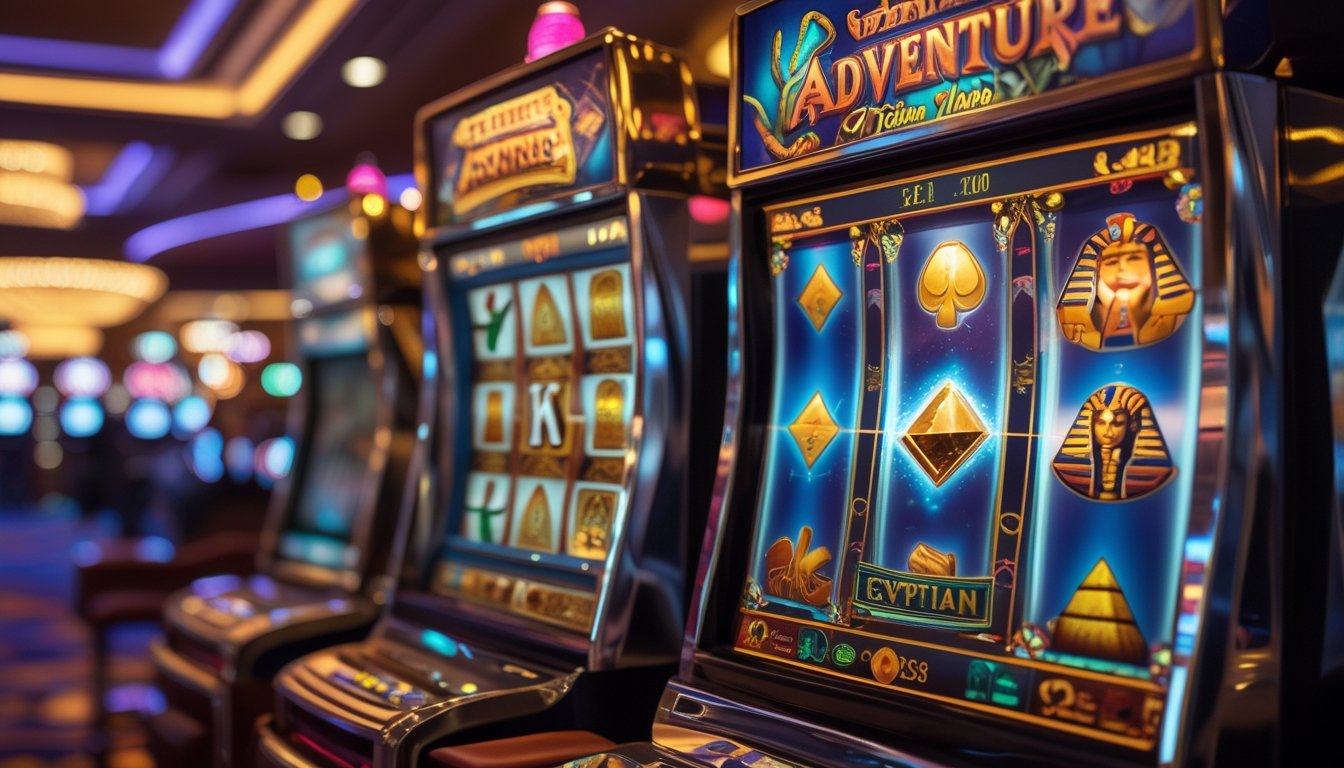 Dua mesin slot bertema petualangan dan Mesir berdampingan di dalam kasino dengan lampu warna-warni dan suasana menyenangkan.