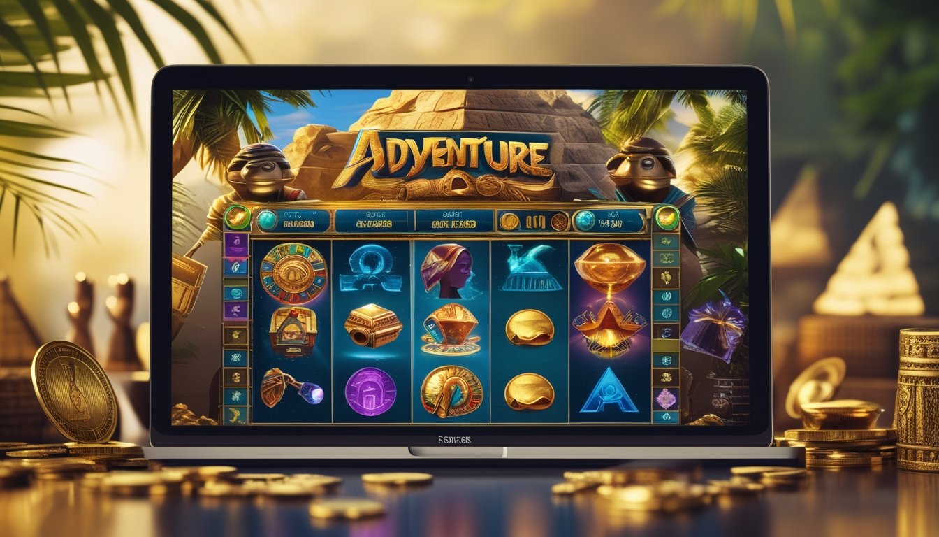 Layar perangkat menampilkan permainan slot online dengan tema petualangan dan Mesir kuno, dikelilingi oleh koin emas dan artefak kuno.