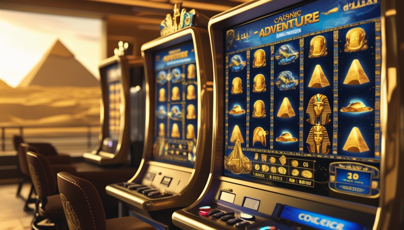 Area mesin slot dengan tema petualangan dan Mesir kuno, menampilkan mesin slot bergambar peta, kompas, dan simbol Mesir seperti piramida dan scarab.