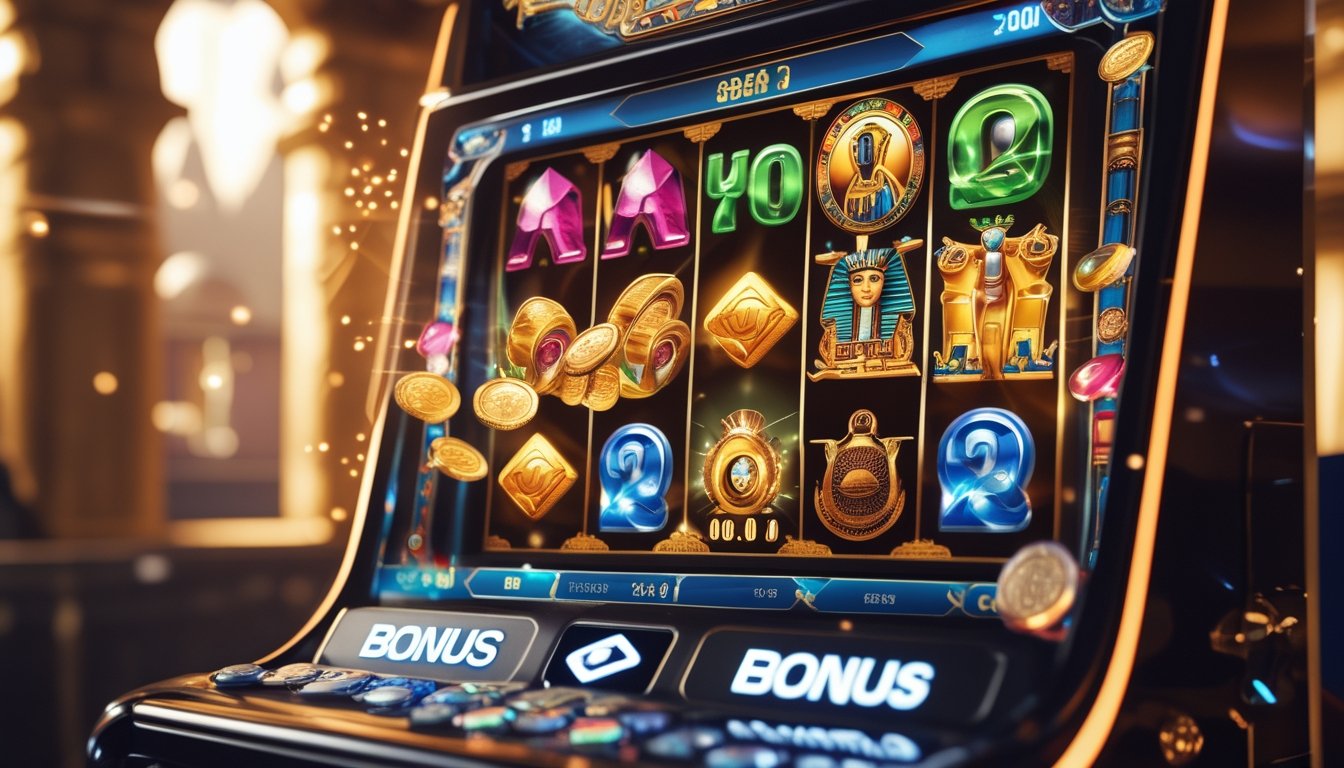 Mesin slot digital di kasino dengan simbol bertema petualangan dan Mesir kuno, menampilkan ikon bonus dan koin berkilau yang menunjukkan putaran bonus.