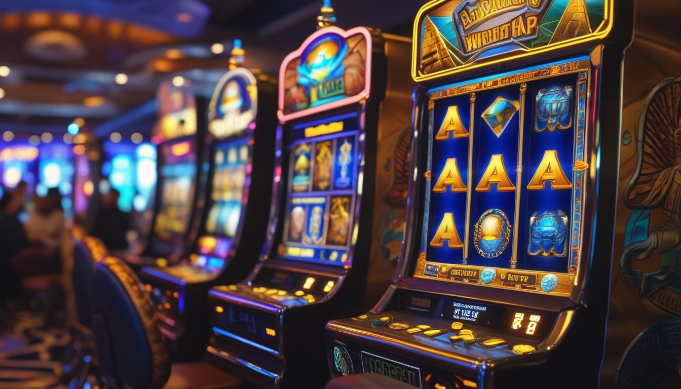 Dua mesin slot bertema petualangan dan Mesir kuno dengan lampu berwarna cerah dan simbol bonus yang aktif.