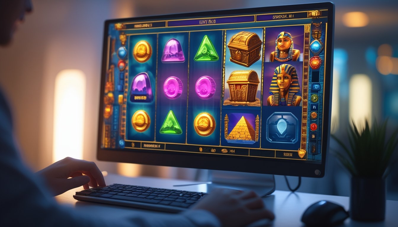 Sebuah setup komputer modern dengan layar menampilkan permainan slot bertema petualangan dan Mesir kuno, dengan tangan seseorang yang sedang bermain.
