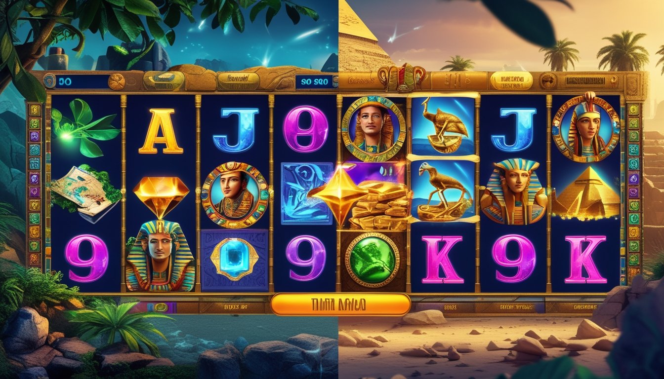 Gambar mesin slot bertema petualangan dan Mesir dengan latar belakang reruntuhan dan piramida, menampilkan simbol dan efek cahaya yang hidup.