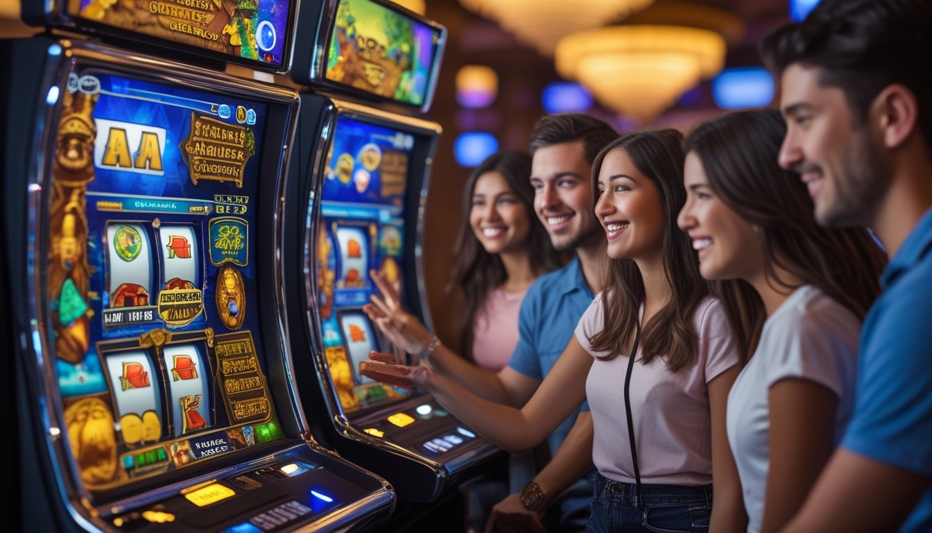 Sekelompok pemain muda yang tersenyum sedang bermain dua mesin slot bertema petualangan dan Mesir kuno di kasino.