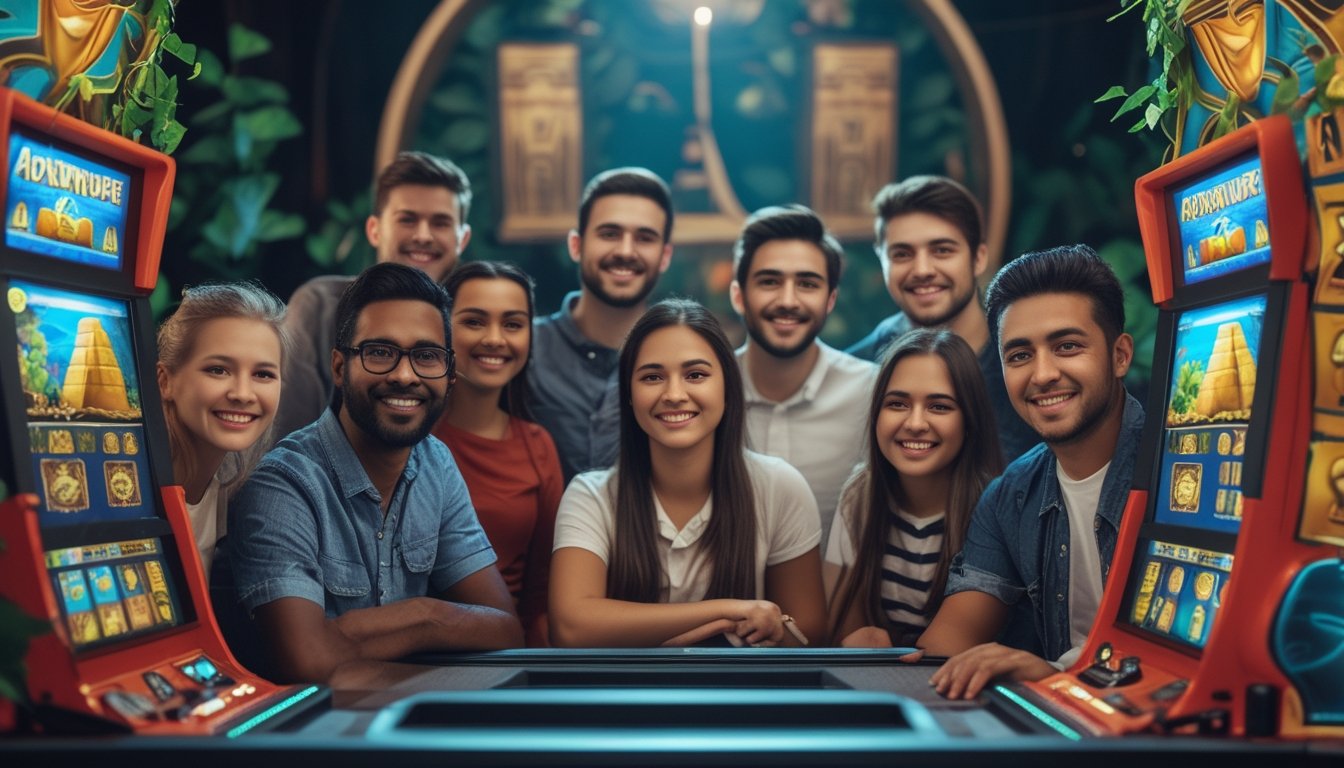 Sekelompok pemain muda yang tersenyum bermain mesin slot bertema petualangan dan Mesir kuno dalam suasana yang ramah dan menyenangkan.