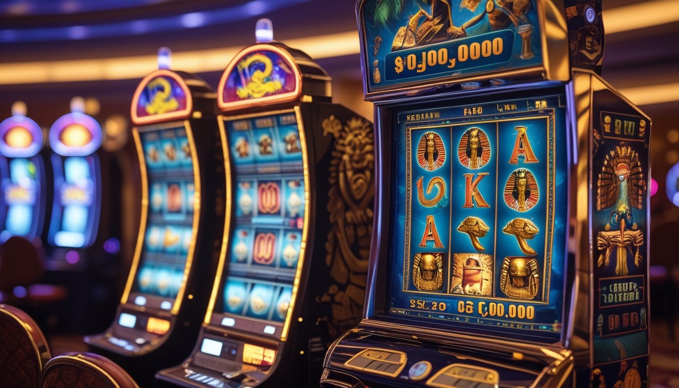 Dua mesin slot bertema petualangan dan Mesir dengan lampu warna-warni dan tampilan jackpot besar di lantai kasino.