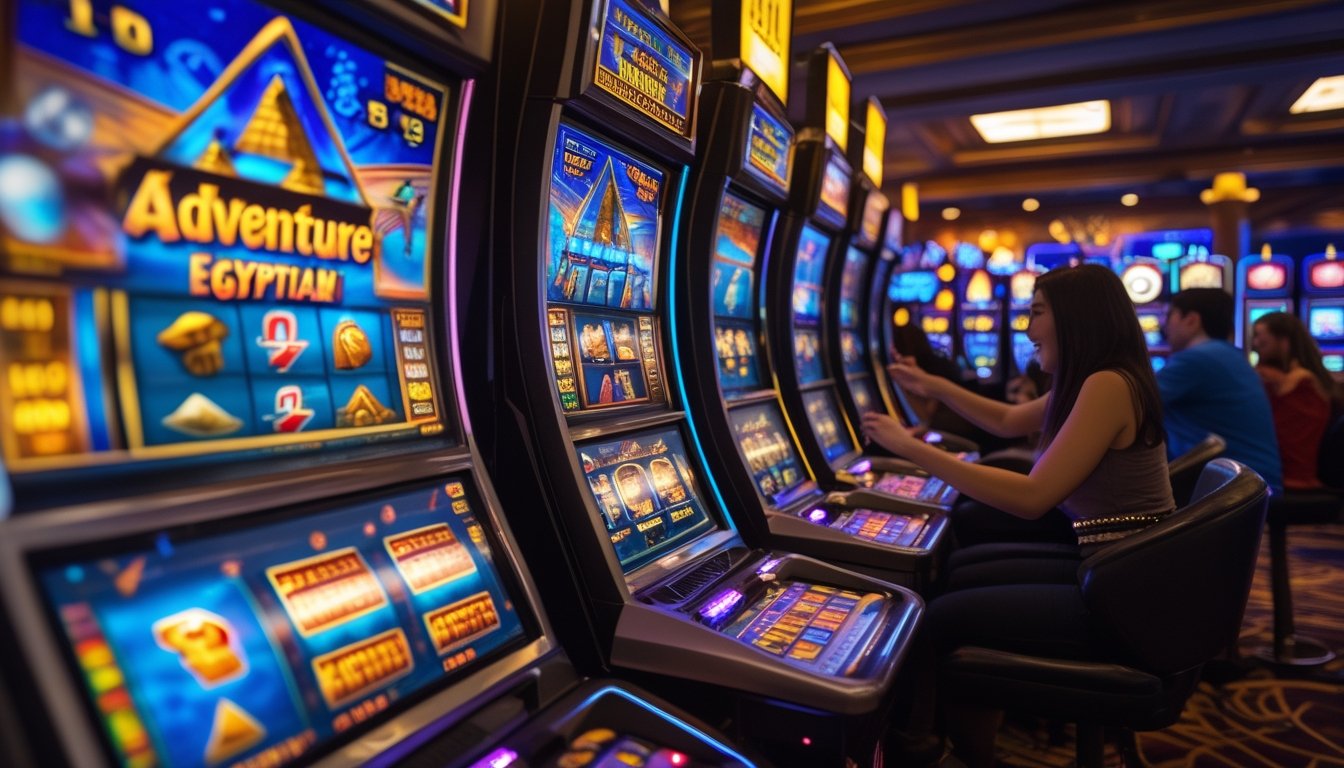 Suasana kasino dengan mesin slot bertema petualangan dan Mesir kuno, menampilkan simbol harta karun dan piramida, dengan pemain yang antusias bermain mesin slot.