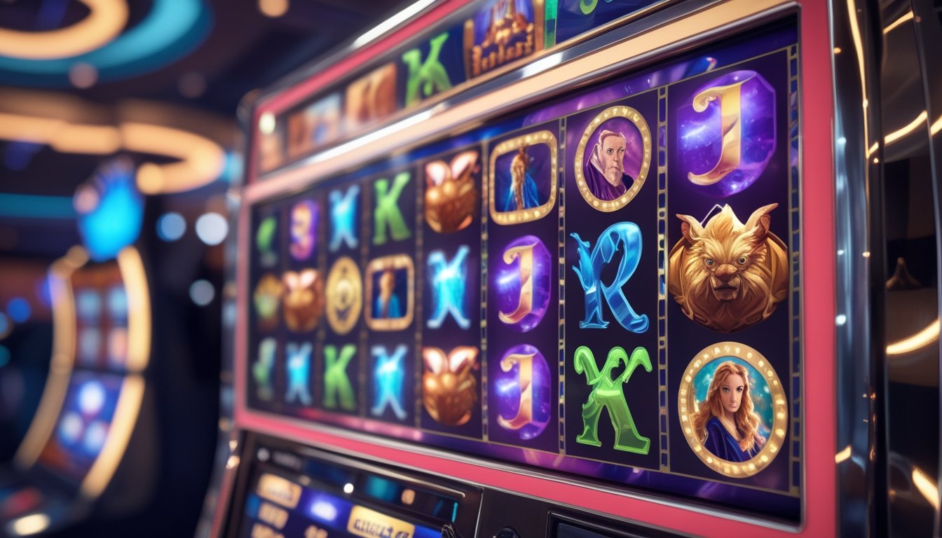Mesin slot dengan tema fantasi dan film yang penuh warna dan simbol menarik dalam suasana kasino yang terang dan hidup.