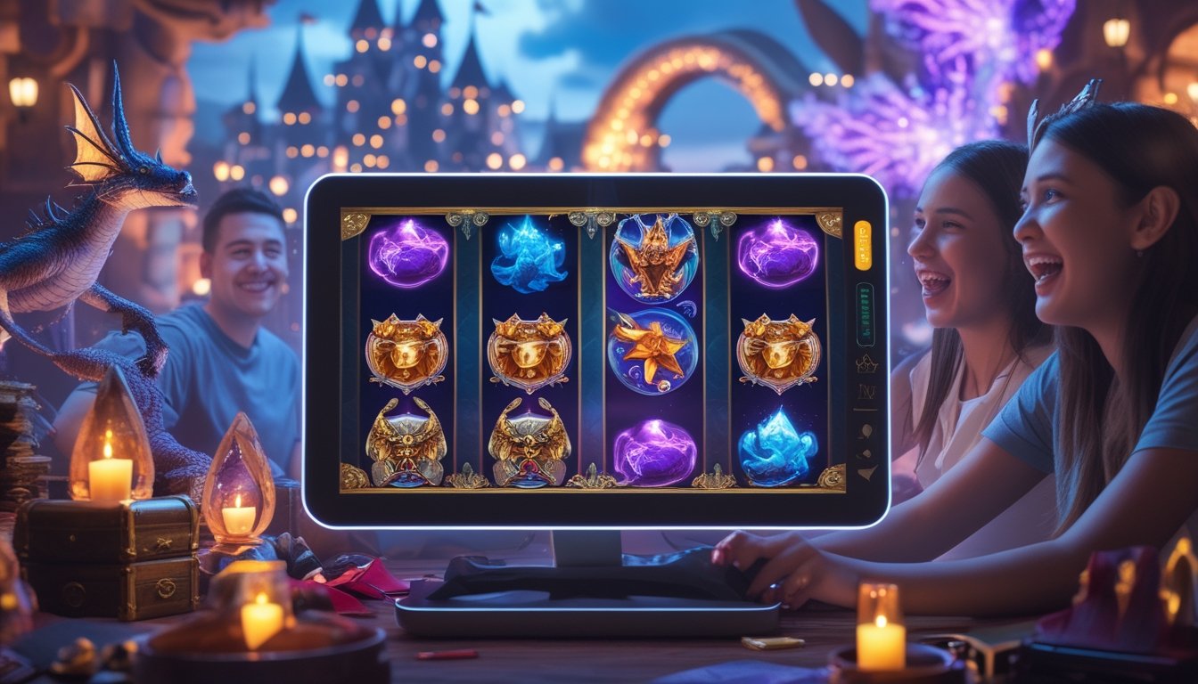 Lanskap fantasi berwarna-warni dengan mesin slot digital menampilkan simbol fantasi dan pemain yang terlihat antusias bermain game.